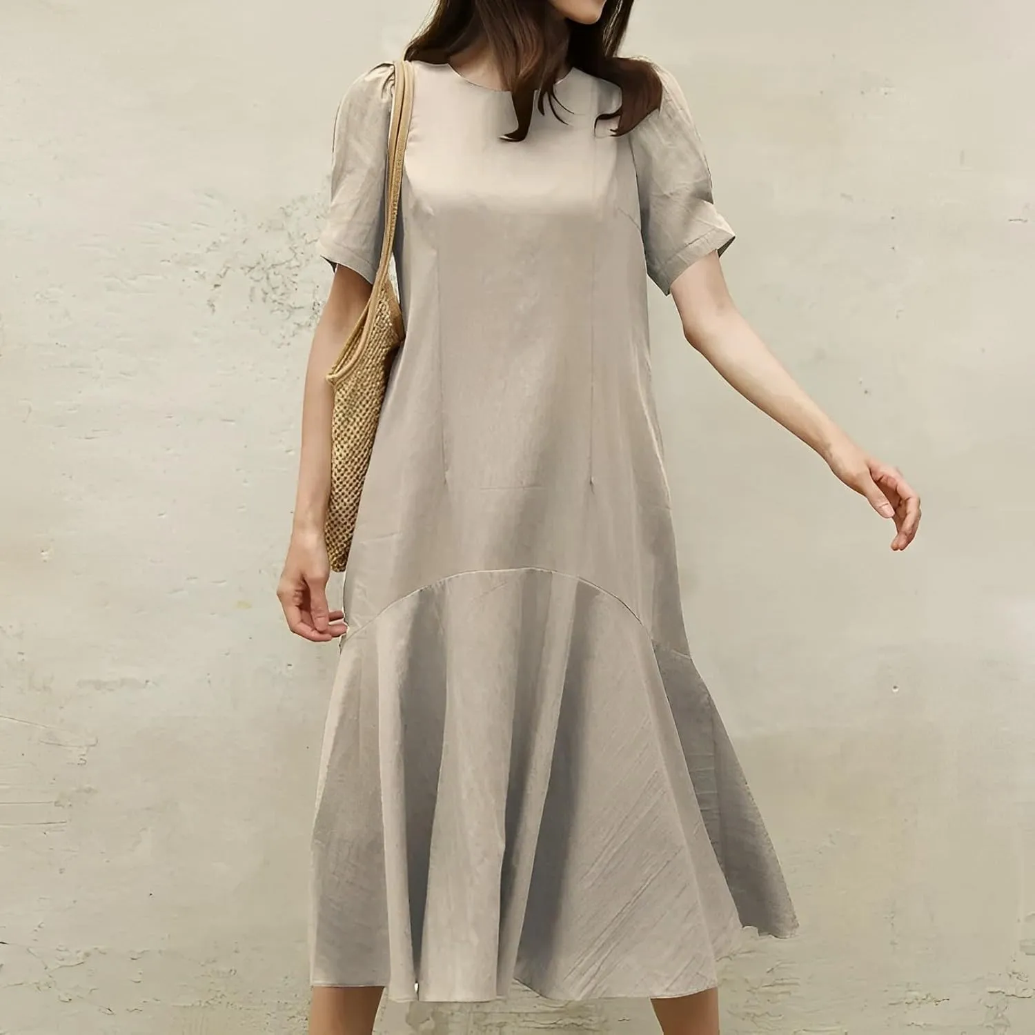 Womens Summer Cotton Linen Short Sleeve Crew Neck Dress Casual Loose Flowy Ruffle Hem Plus Size Midi Dresses for Women