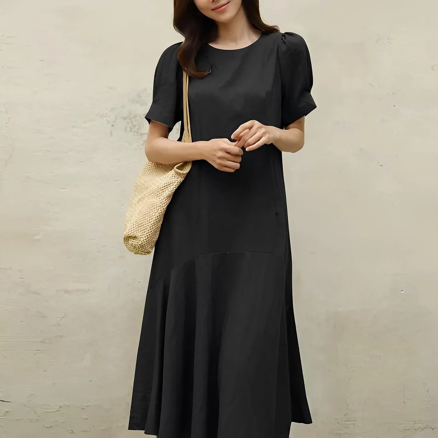 Womens Summer Cotton Linen Short Sleeve Crew Neck Dress Casual Loose Flowy Ruffle Hem Plus Size Midi Dresses for Women
