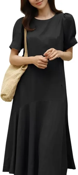 Womens Summer Cotton Linen Short Sleeve Crew Neck Dress Casual Loose Flowy Ruffle Hem Plus Size Midi Dresses for Women