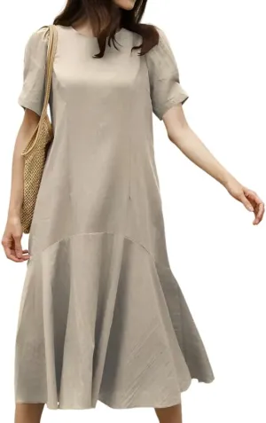 Womens Summer Cotton Linen Short Sleeve Crew Neck Dress Casual Loose Flowy Ruffle Hem Plus Size Midi Dresses for Women