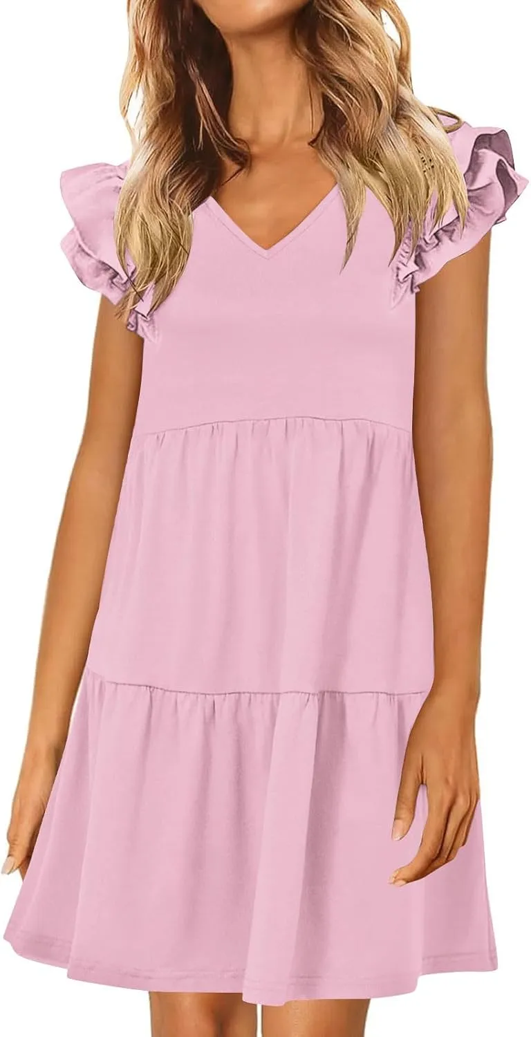 Womens Summer Dress V Neck Ruffle Short Sleeve Casual Loose Fit Swing Pleated Dresses Beach Vacation Mini Sundress