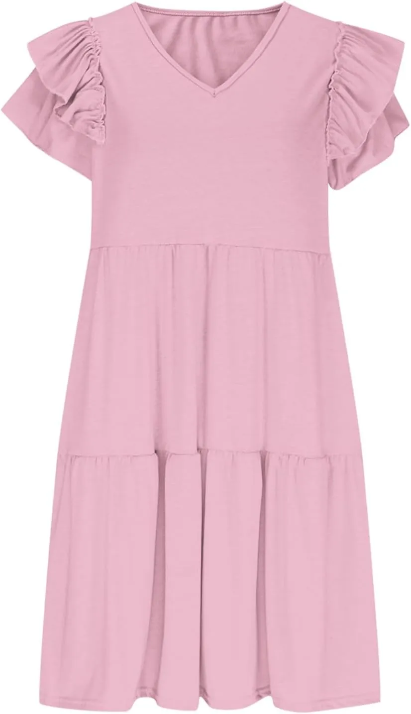 Womens Summer Dress V Neck Ruffle Short Sleeve Casual Loose Fit Swing Pleated Dresses Beach Vacation Mini Sundress
