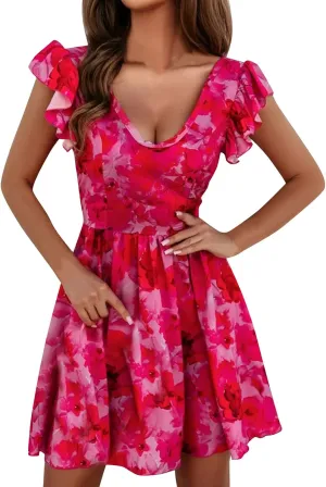 Womens Summer Dresses Ruffle Short Sleeve Floral Print Casual Mini Dresses Smocked Flowy Boho Dresses for Women