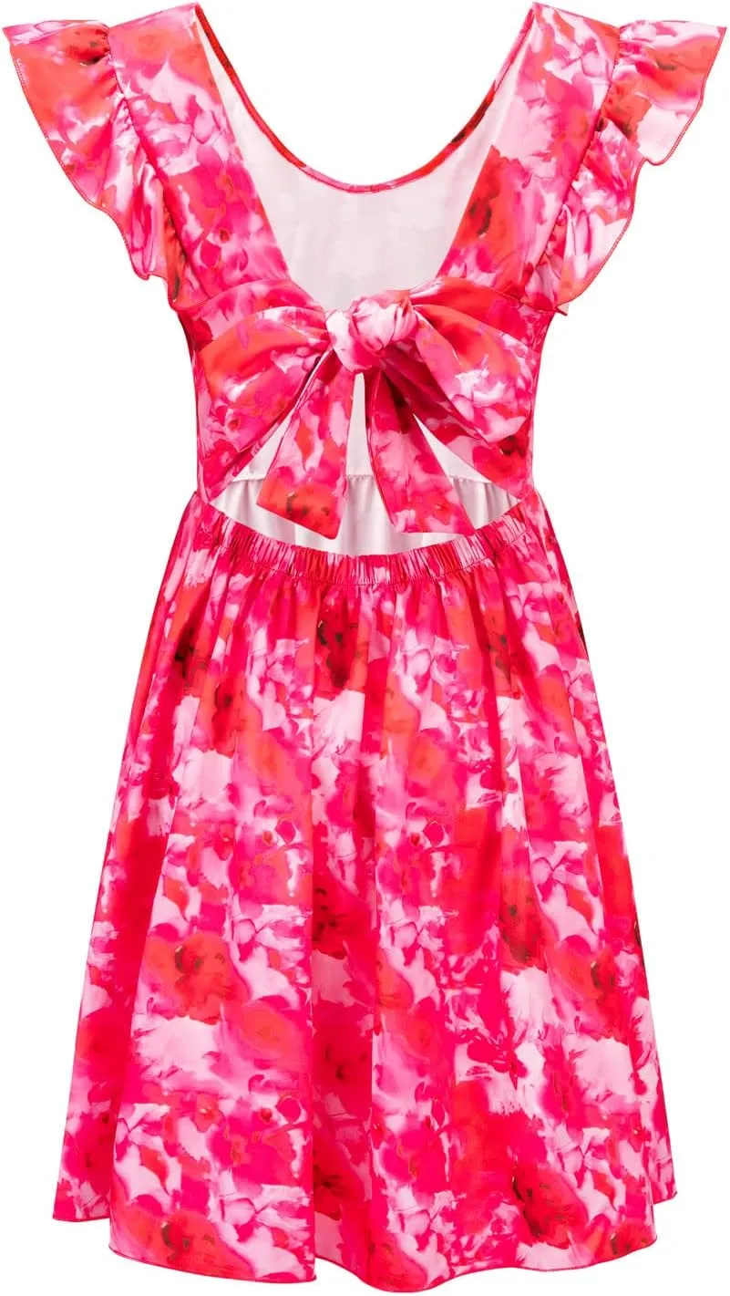 Womens Summer Dresses Ruffle Short Sleeve Floral Print Casual Mini Dresses Smocked Flowy Boho Dresses for Women