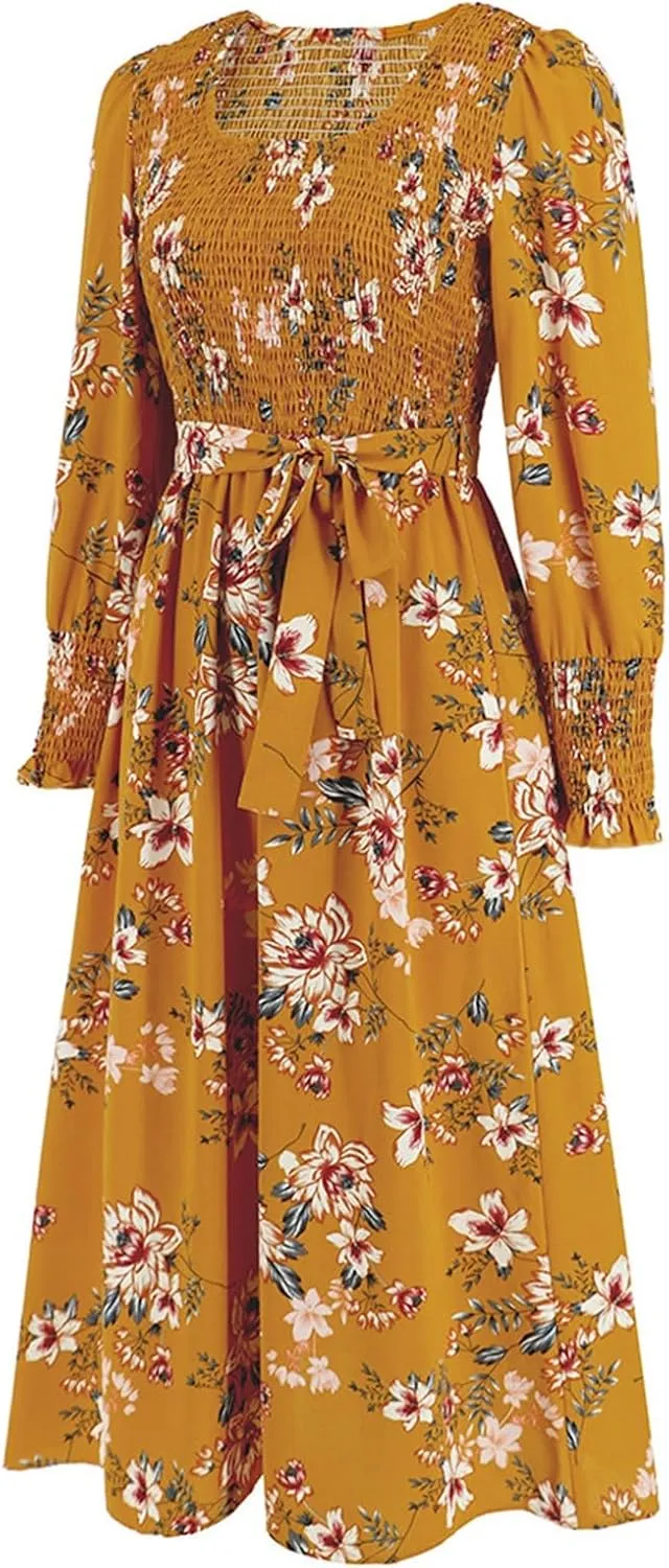 Women's Summer Maxi Dress Casual Long Sleeve Crewneck Flowy Slit Beach Swing Tiered Long Beach Dresses with Belt