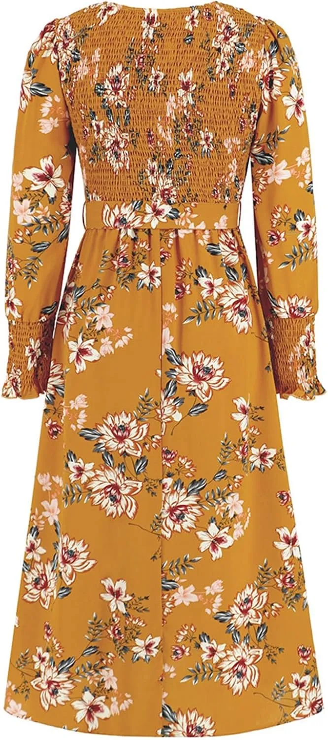 Women's Summer Maxi Dress Casual Long Sleeve Crewneck Flowy Slit Beach Swing Tiered Long Beach Dresses with Belt