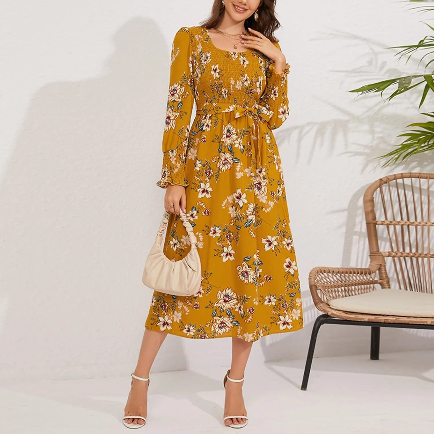 Women's Summer Maxi Dress Casual Long Sleeve Crewneck Flowy Slit Beach Swing Tiered Long Beach Dresses with Belt