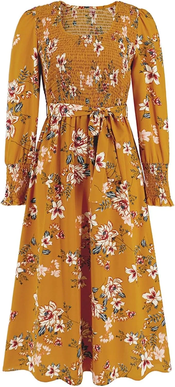 Women's Summer Maxi Dress Casual Long Sleeve Crewneck Flowy Slit Beach Swing Tiered Long Beach Dresses with Belt