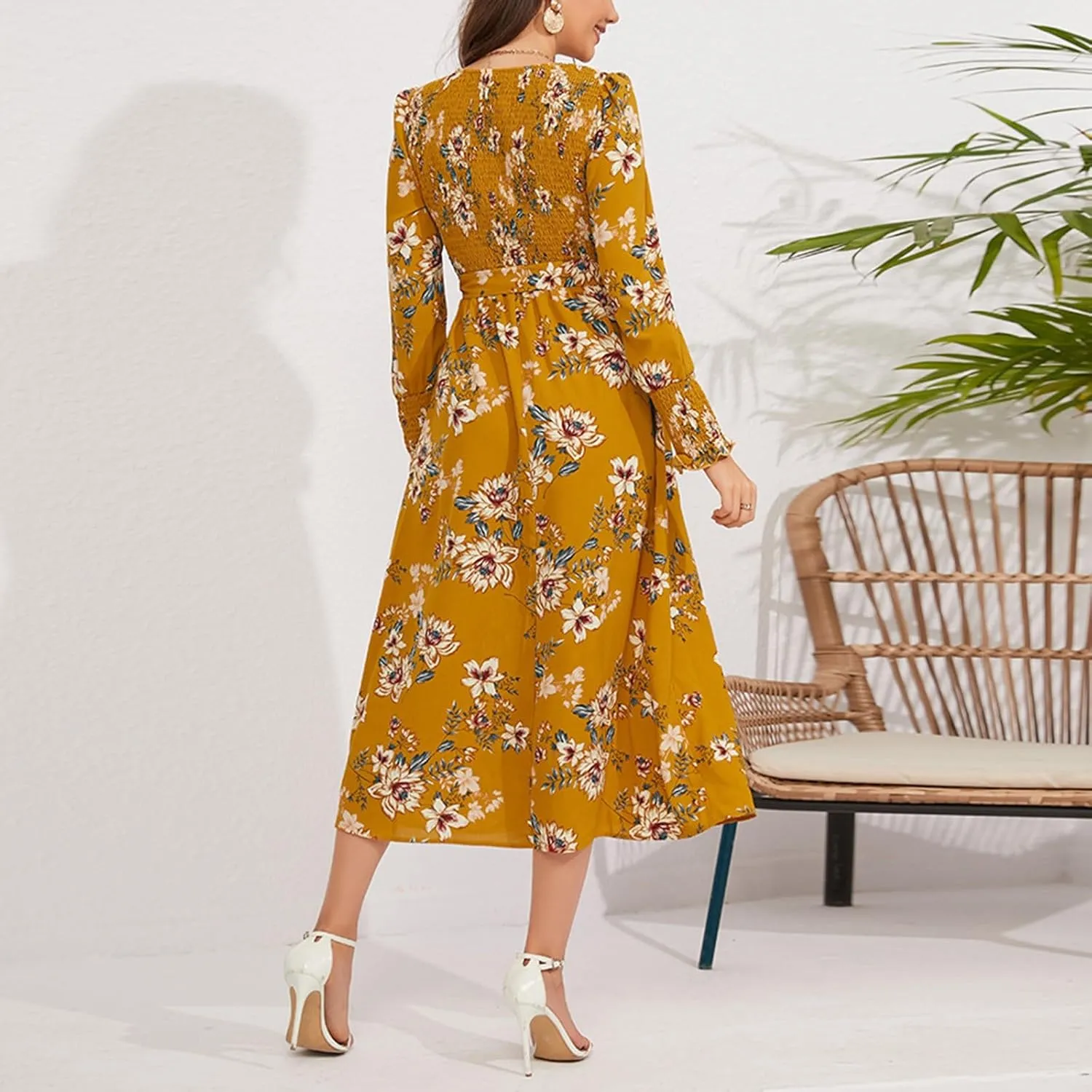 Women's Summer Maxi Dress Casual Long Sleeve Crewneck Flowy Slit Beach Swing Tiered Long Beach Dresses with Belt