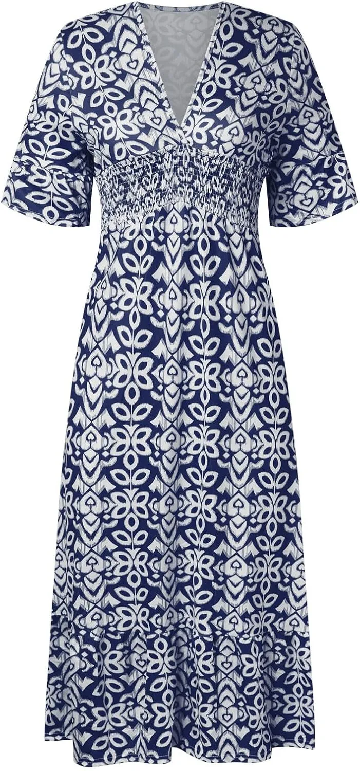 Womens Summer Maxi Dresses V Neck Floral Print Long Swing Dress 3/4 Sleeve Loose Casual Boho Beach Sun Dress