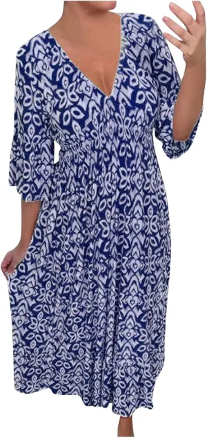Womens Summer Maxi Dresses V Neck Floral Print Long Swing Dress 3/4 Sleeve Loose Casual Boho Beach Sun Dress