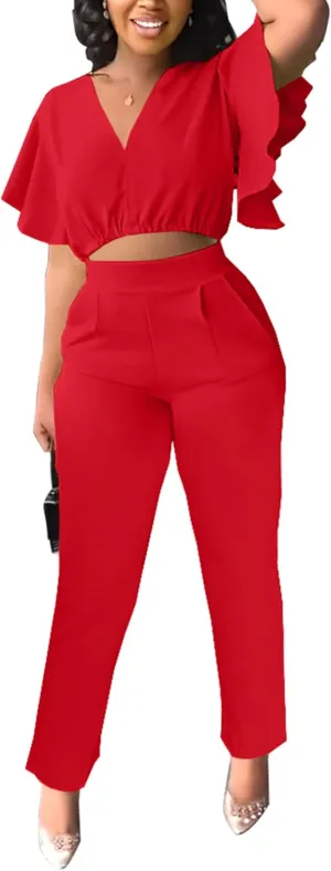 Womens Summer Two Piece Shorts Outfit Sexy Crop Top Butterfly Sleeve 2 pc Short Set Vacation Brunch Matching Set