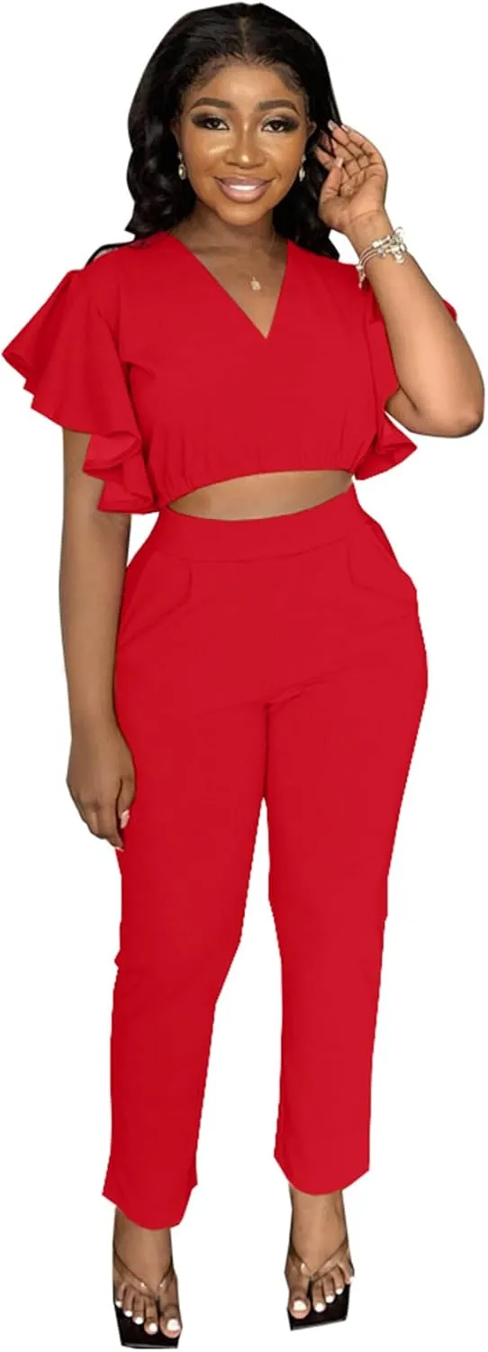 Womens Summer Two Piece Shorts Outfit Sexy Crop Top Butterfly Sleeve 2 pc Short Set Vacation Brunch Matching Set