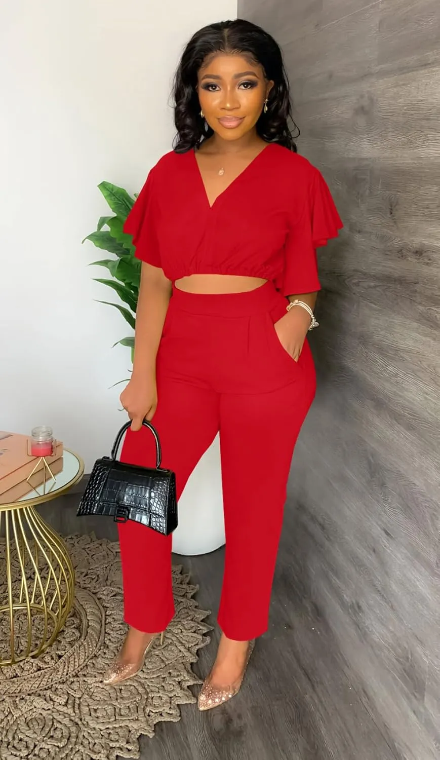 Womens Summer Two Piece Shorts Outfit Sexy Crop Top Butterfly Sleeve 2 pc Short Set Vacation Brunch Matching Set