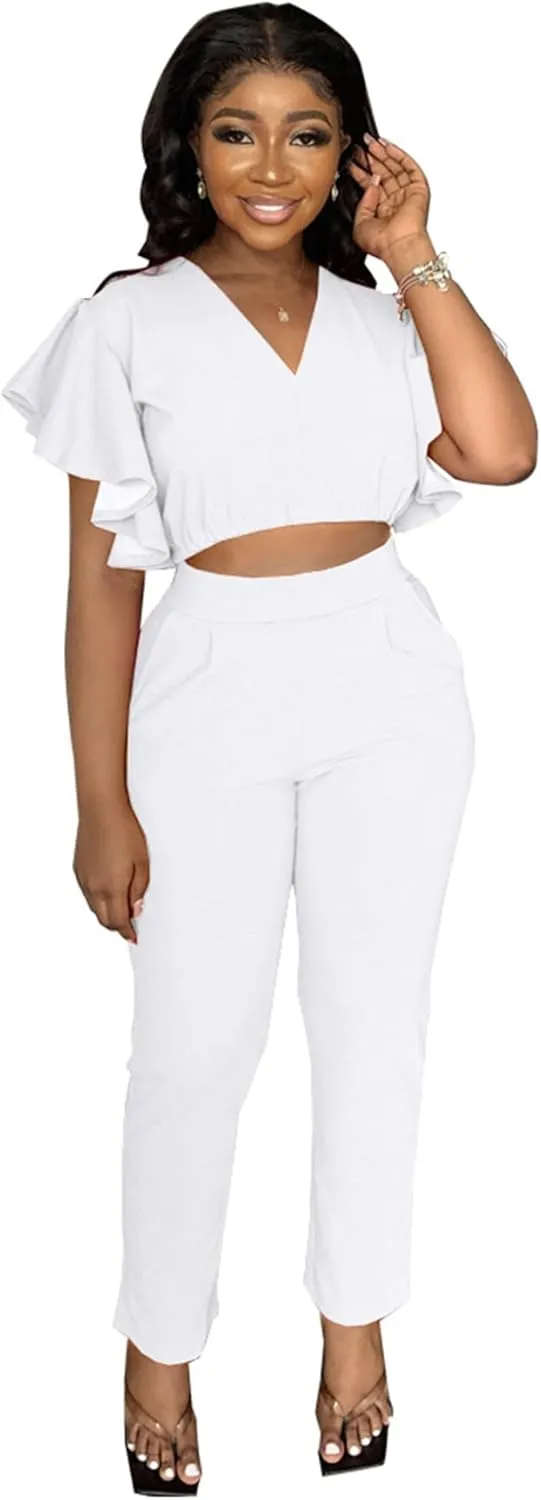 Womens Summer Two Piece Shorts Outfit Sexy Crop Top Butterfly Sleeve 2 pc Short Set Vacation Brunch Matching Set