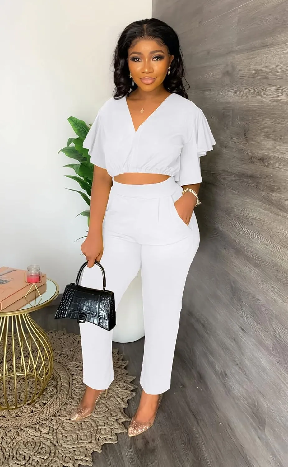 Womens Summer Two Piece Shorts Outfit Sexy Crop Top Butterfly Sleeve 2 pc Short Set Vacation Brunch Matching Set