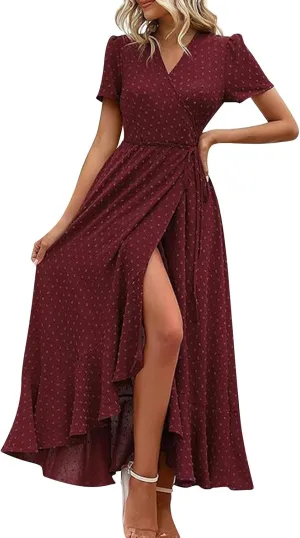 Womens Summer Wrap Maxi Dress Casual Boho Floral V Neck Short Sleeve Plus Size Hem Split Beach Long Dresses