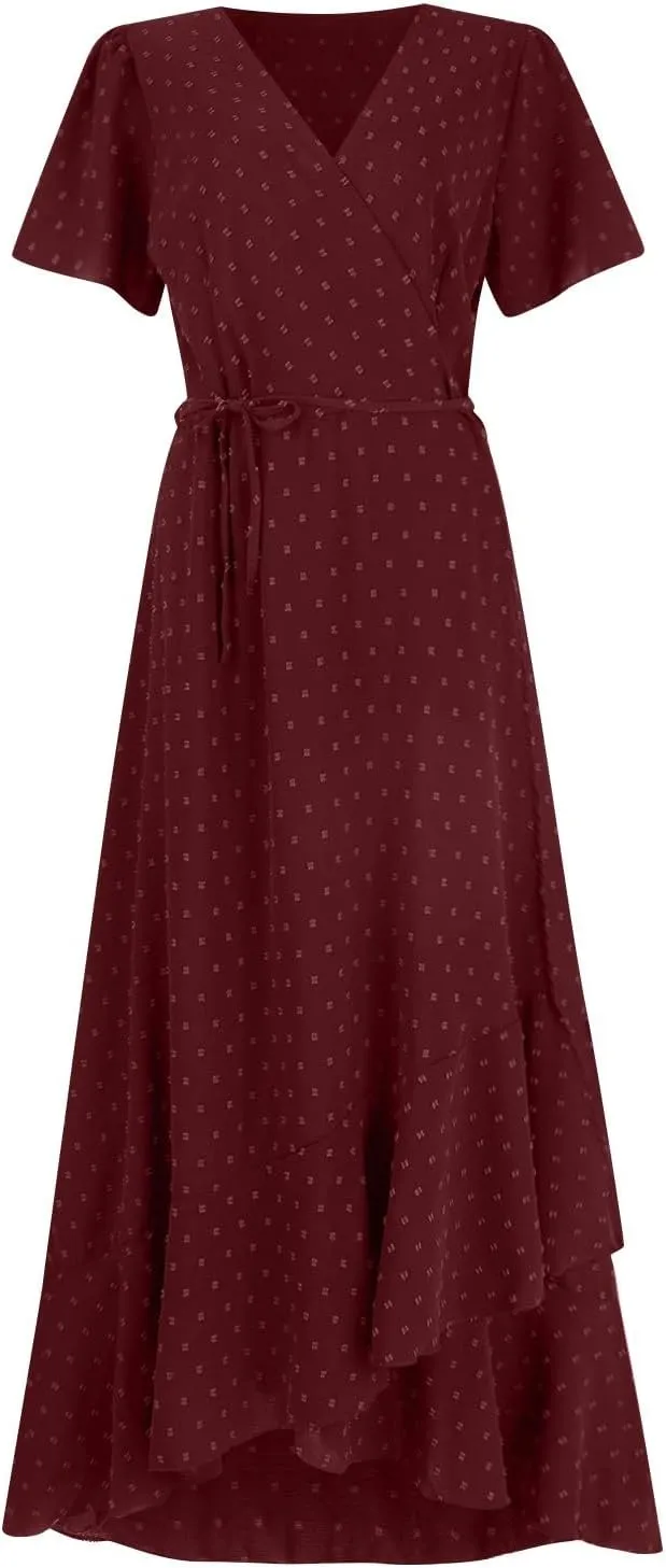 Womens Summer Wrap Maxi Dress Casual Boho Floral V Neck Short Sleeve Plus Size Hem Split Beach Long Dresses