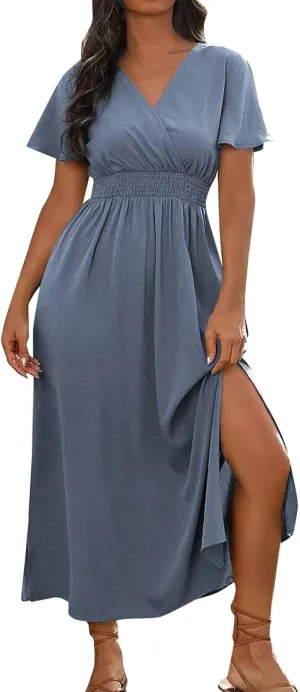 Womens Summer Wrap Maxi Dress Casual Boho Floral V Neck Short Sleeve Plus Size Hem Split Beach Long Dresses