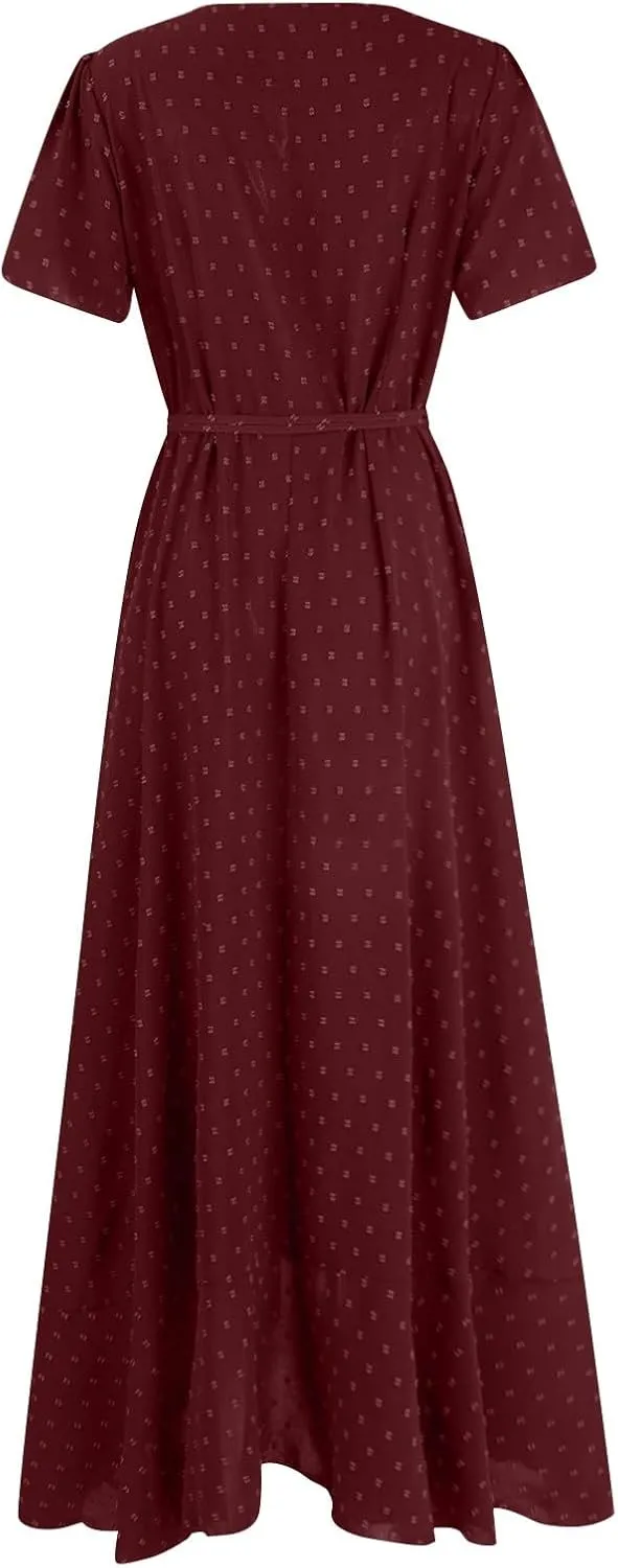 Womens Summer Wrap Maxi Dress Casual Boho Floral V Neck Short Sleeve Plus Size Hem Split Beach Long Dresses