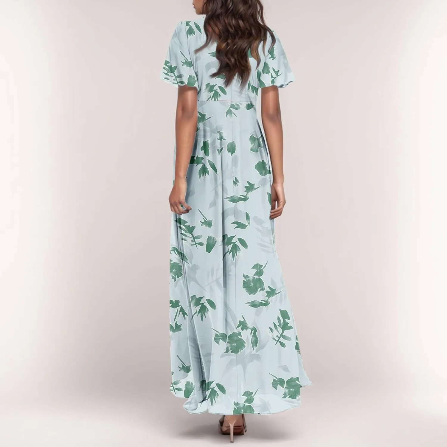 Women's Summer Wrap V Neck Long Maxi Dress Casual Boho Floral V Neck Short Sleeve Split Ladies Bohemian Dresses