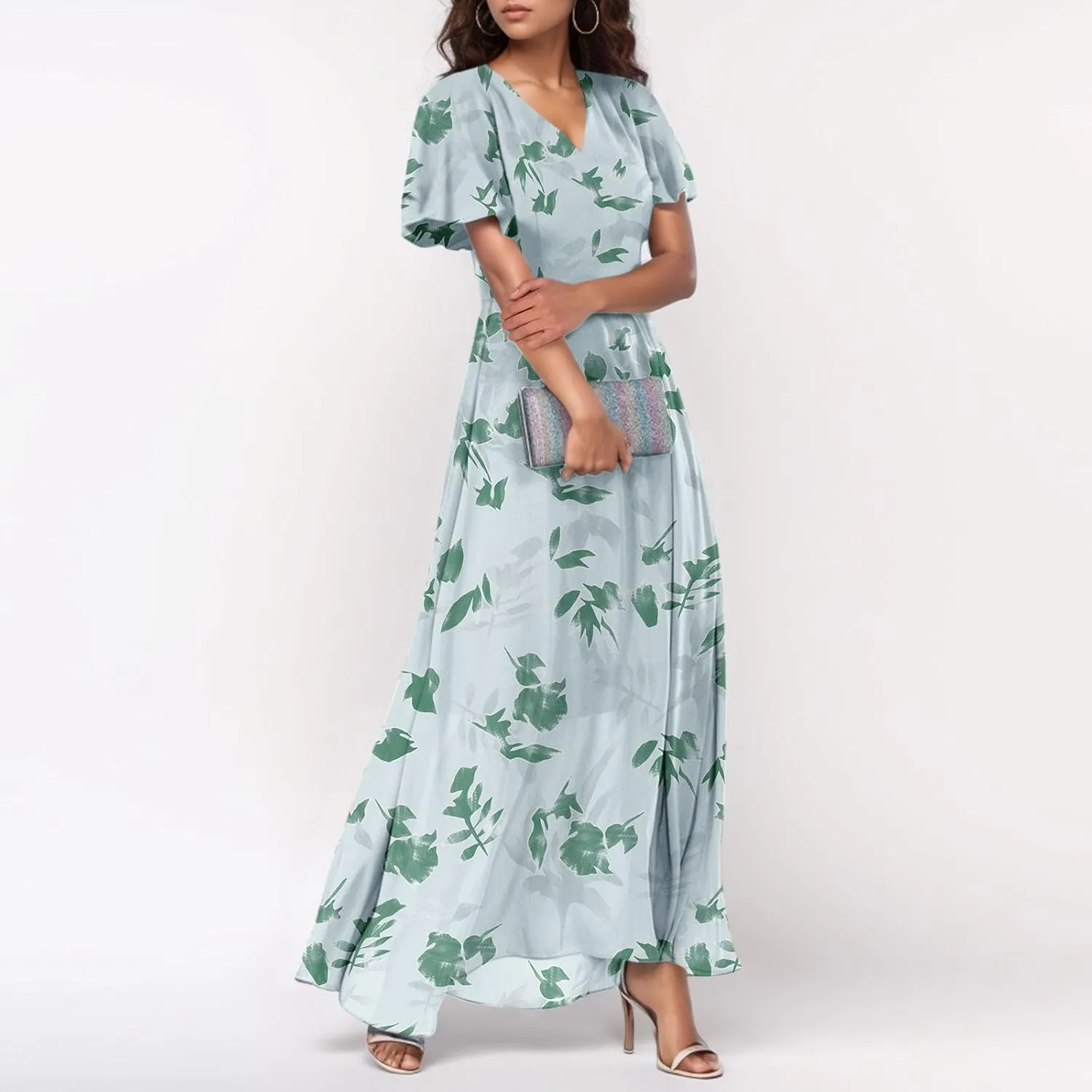 Women's Summer Wrap V Neck Long Maxi Dress Casual Boho Floral V Neck Short Sleeve Split Ladies Bohemian Dresses
