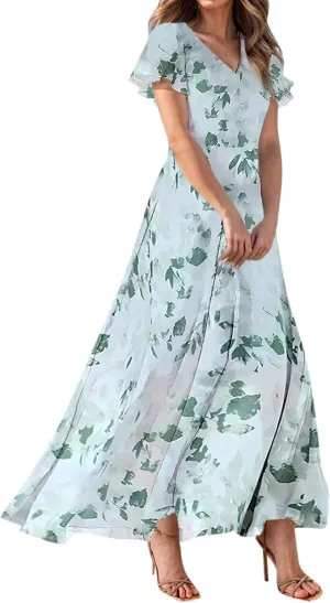 Women's Summer Wrap V Neck Long Maxi Dress Casual Boho Floral V Neck Short Sleeve Split Ladies Bohemian Dresses