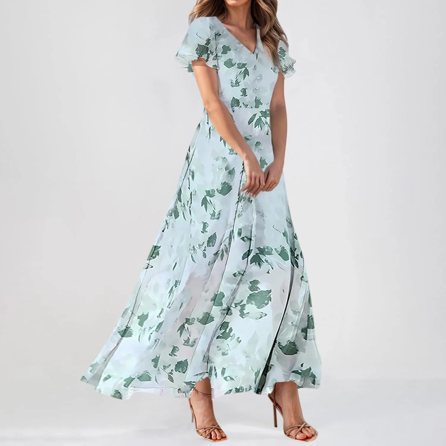 Women's Summer Wrap V Neck Long Maxi Dress Casual Boho Floral V Neck Short Sleeve Split Ladies Bohemian Dresses