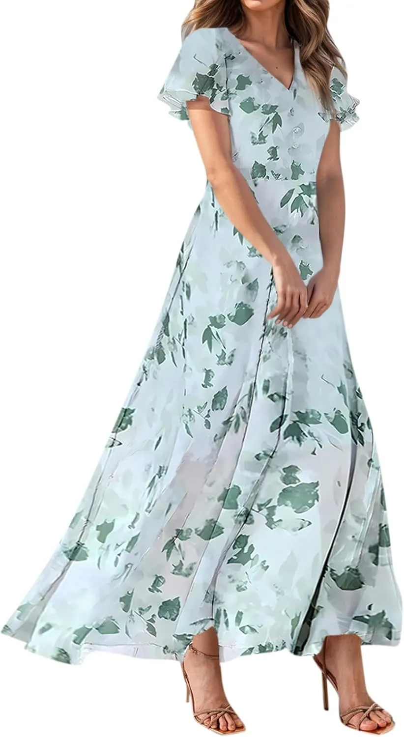 Women's Summer Wrap V Neck Long Maxi Dress Casual Boho Floral V Neck Short Sleeve Split Ladies Bohemian Dresses