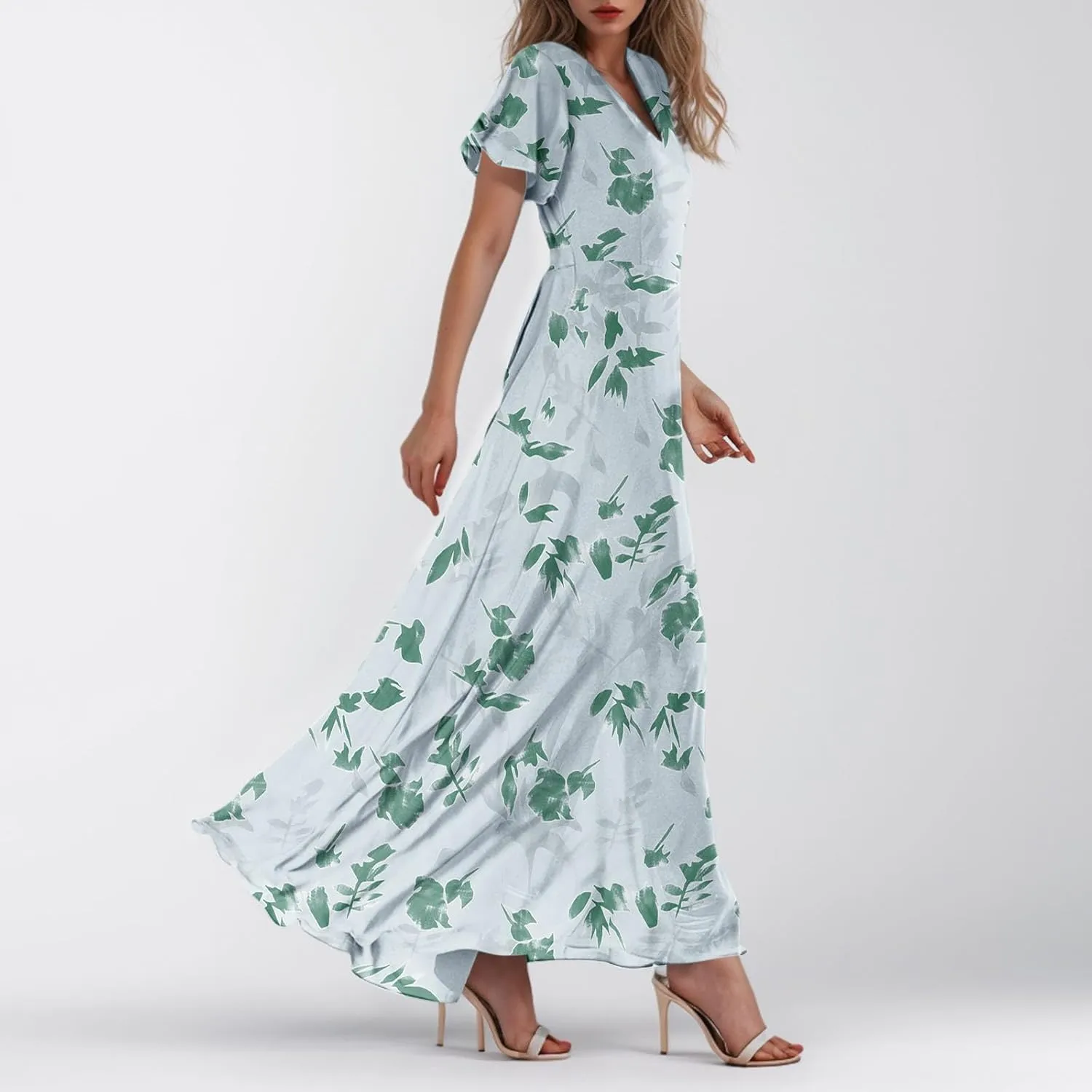 Women's Summer Wrap V Neck Long Maxi Dress Casual Boho Floral V Neck Short Sleeve Split Ladies Bohemian Dresses