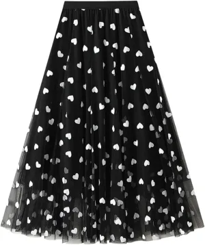 Womens Tiered Tulle Midi Skirt Elastic High Waist A-line Pleated Mesh Flared Cute Skirts