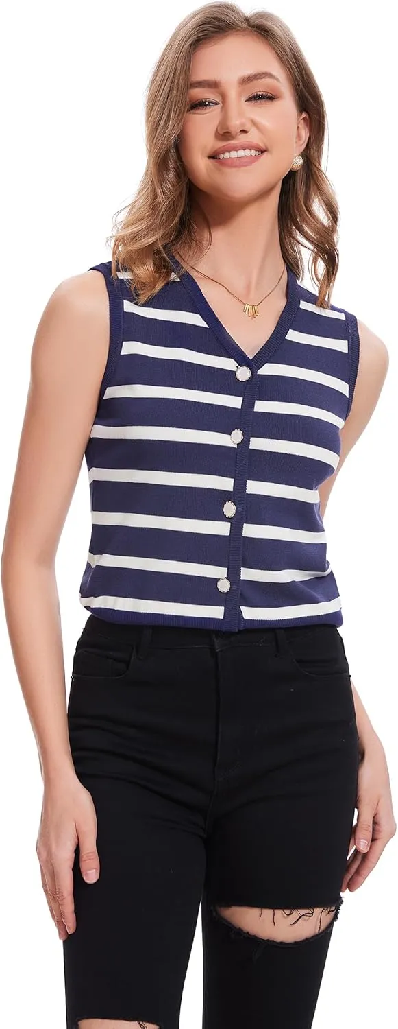 Women's Vest V Neck Striped Lightweight Sleeveless Sweater Button Up Knit Tops Summer Casual Outfits