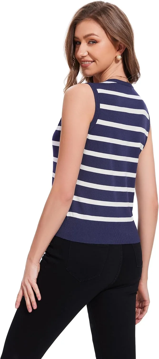 Women's Vest V Neck Striped Lightweight Sleeveless Sweater Button Up Knit Tops Summer Casual Outfits