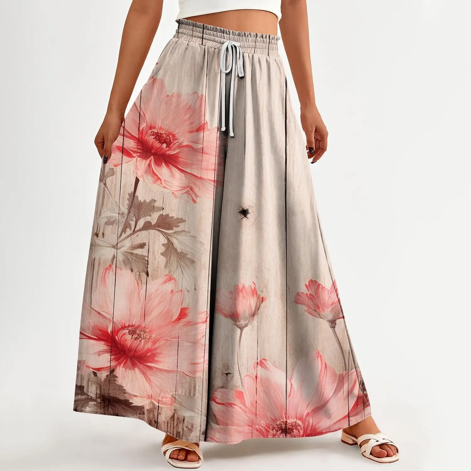 Womens Wide Leg Pants Women's Casual Trendy Loose Fit Elastic High Waist Wide Leg Trousers Flowy Long Pants