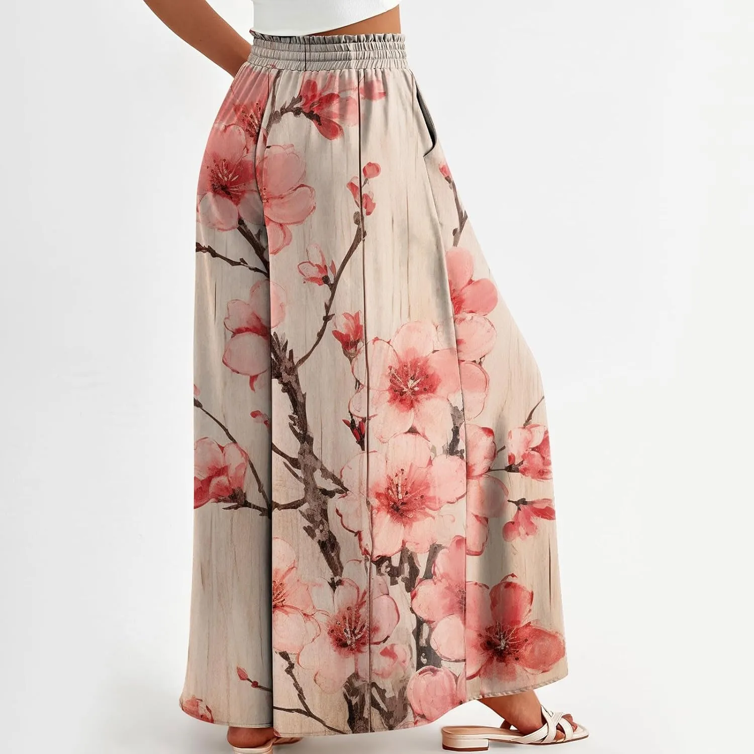 Womens Wide Leg Pants Women's Casual Trendy Loose Fit Elastic High Waist Wide Leg Trousers Flowy Long Pants