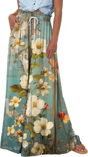 Womens Wide Leg Pants Women's Casual Trendy Loose Fit Elastic High Waist Wide Leg Trousers Flowy Long Pants
