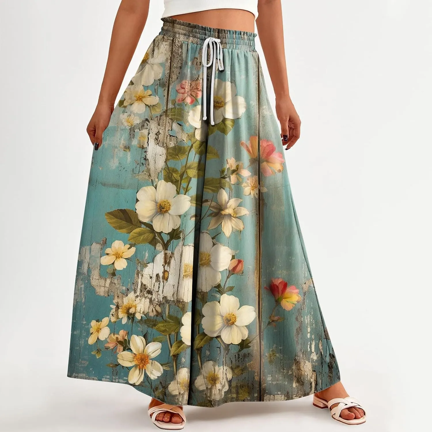 Womens Wide Leg Pants Women's Casual Trendy Loose Fit Elastic High Waist Wide Leg Trousers Flowy Long Pants