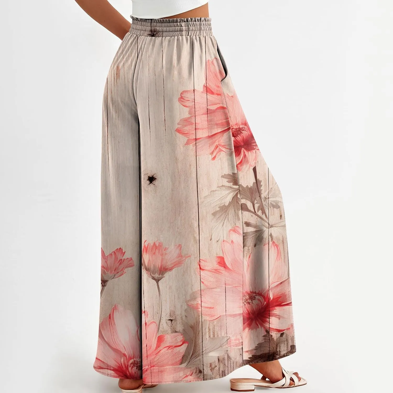 Womens Wide Leg Pants Women's Casual Trendy Loose Fit Elastic High Waist Wide Leg Trousers Flowy Long Pants