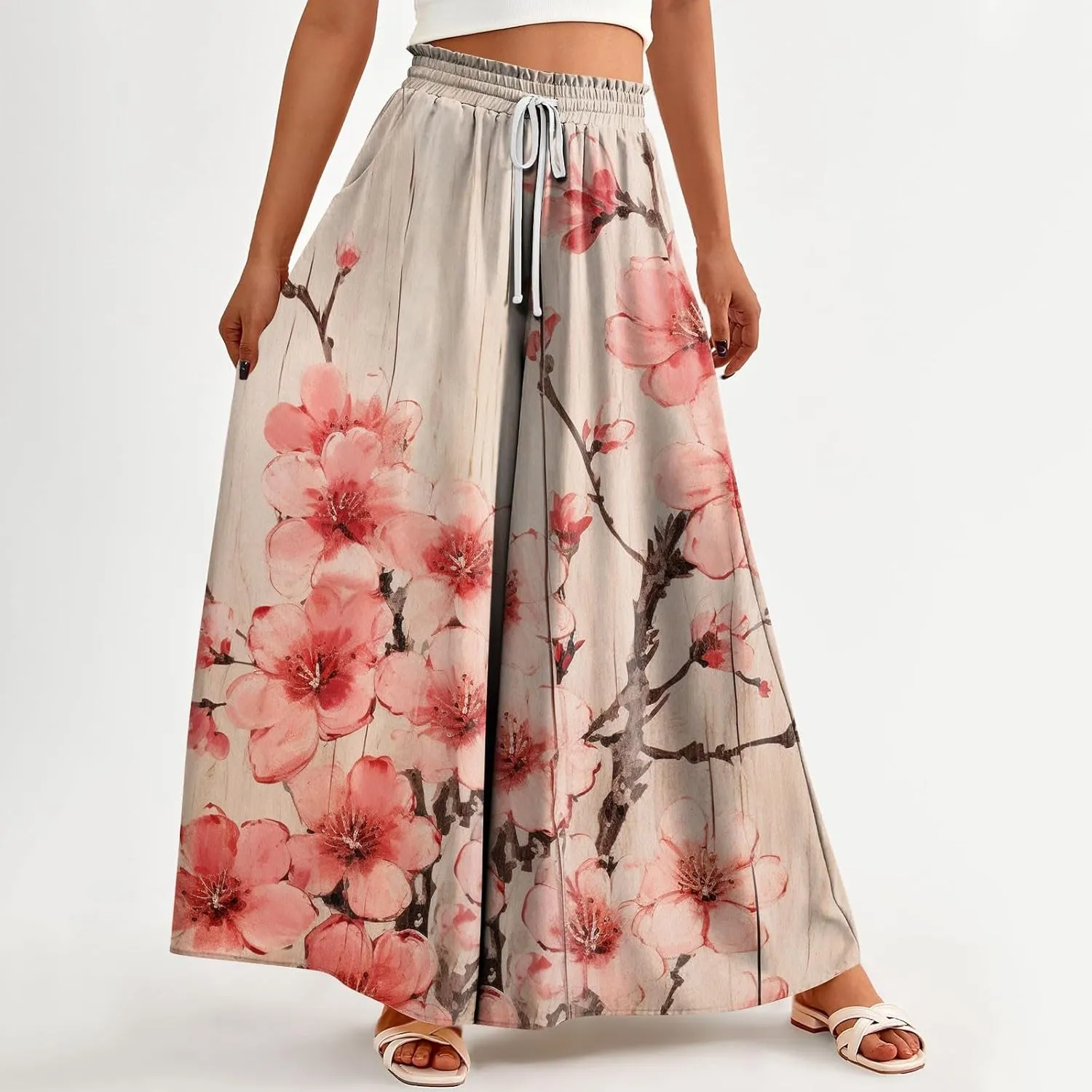 Womens Wide Leg Pants Women's Casual Trendy Loose Fit Elastic High Waist Wide Leg Trousers Flowy Long Pants