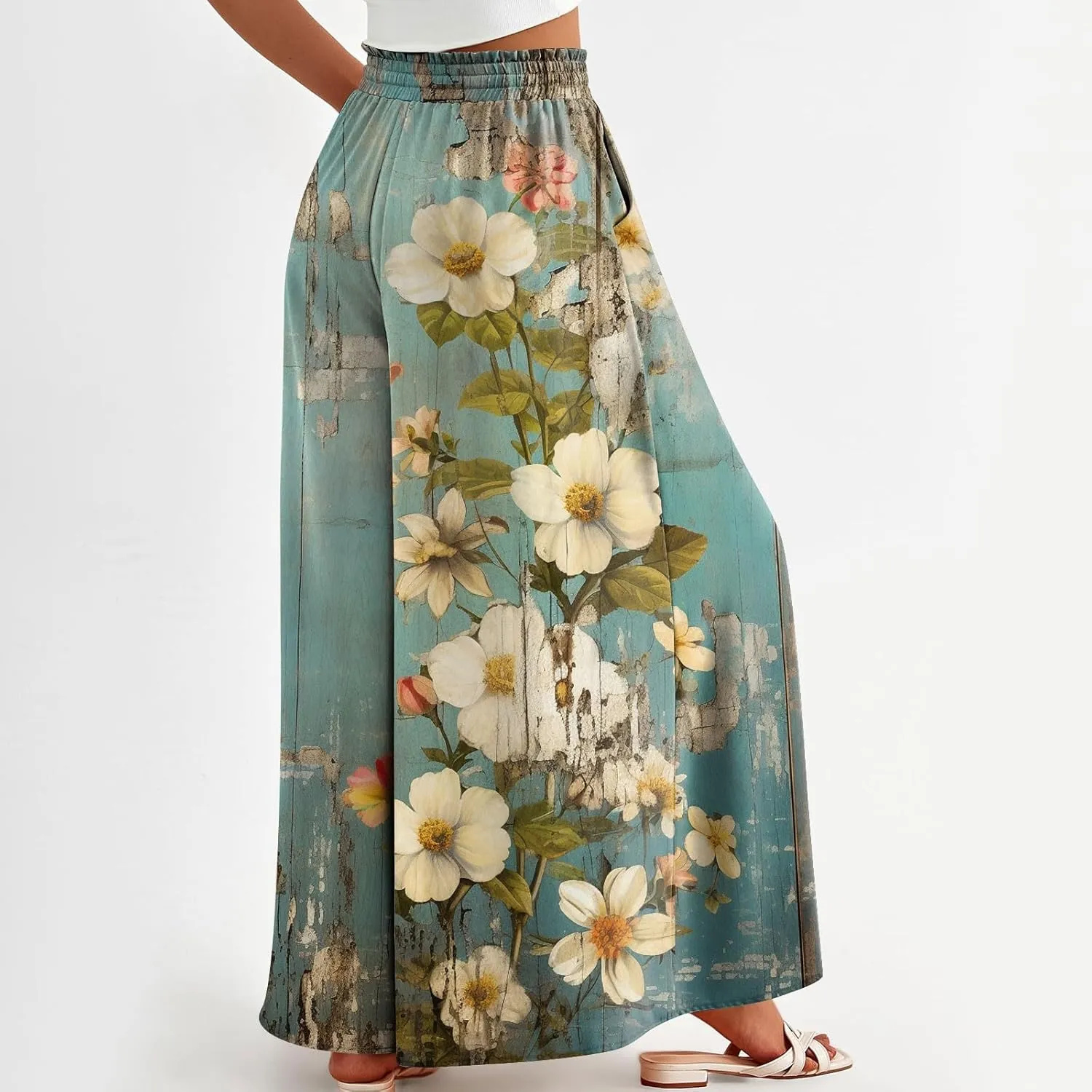 Womens Wide Leg Pants Women's Casual Trendy Loose Fit Elastic High Waist Wide Leg Trousers Flowy Long Pants