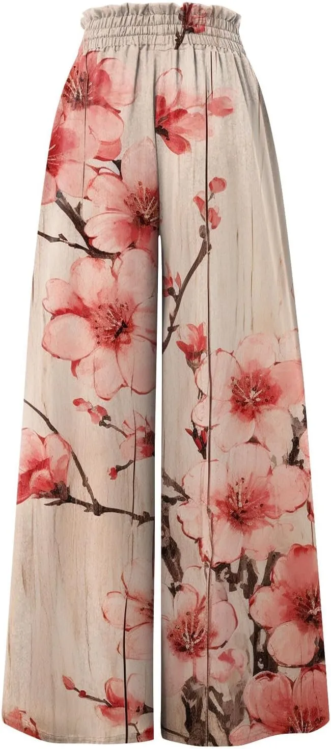 Womens Wide Leg Pants Women's Casual Trendy Loose Fit Elastic High Waist Wide Leg Trousers Flowy Long Pants