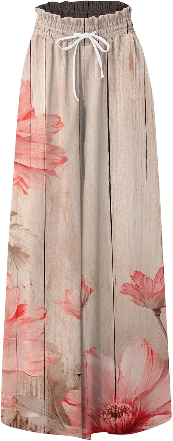 Womens Wide Leg Pants Women's Casual Trendy Loose Fit Elastic High Waist Wide Leg Trousers Flowy Long Pants
