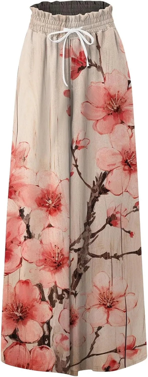 Womens Wide Leg Pants Women's Casual Trendy Loose Fit Elastic High Waist Wide Leg Trousers Flowy Long Pants