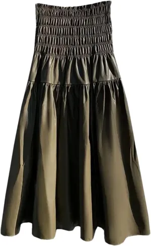 Women's Winter PU Long Skirt Elegant Ladies Elastic High Waist A-Line Midi Pleated Skirt