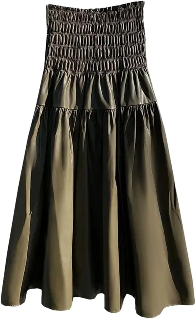 Women's Winter PU Long Skirt Elegant Ladies Elastic High Waist A-Line Midi Pleated Skirt