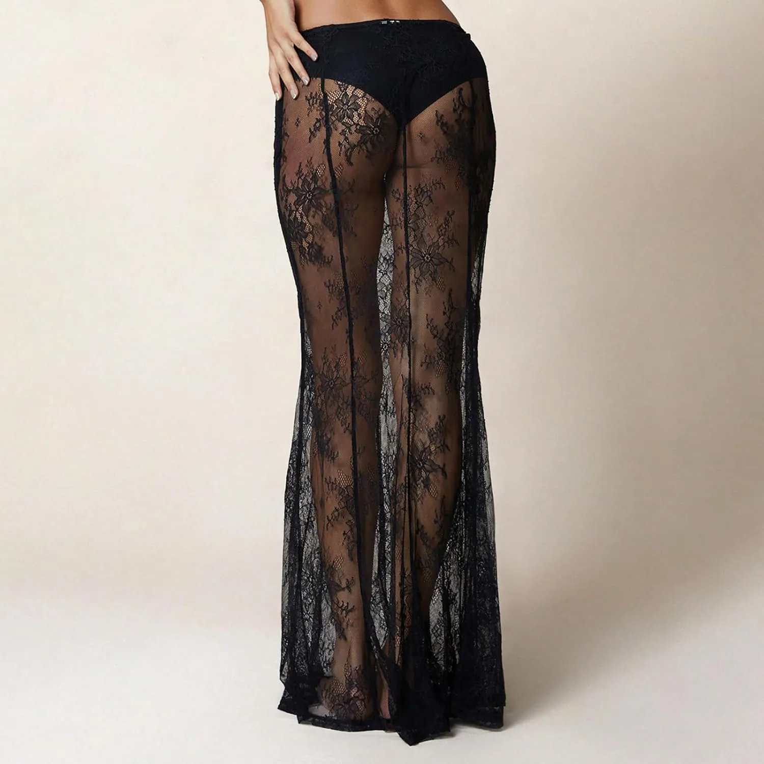 Womens Y2K Floral Lace Split Long Skirts Sexy Low Rise Ruffle Hem See Through Sheer Summer Beach Maxi Skirts