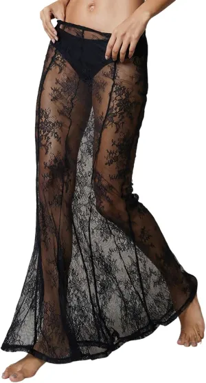 Womens Y2K Floral Lace Split Long Skirts Sexy Low Rise Ruffle Hem See Through Sheer Summer Beach Maxi Skirts