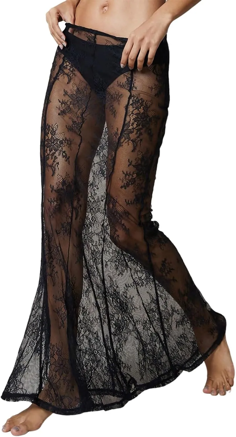 Womens Y2K Floral Lace Split Long Skirts Sexy Low Rise Ruffle Hem See Through Sheer Summer Beach Maxi Skirts