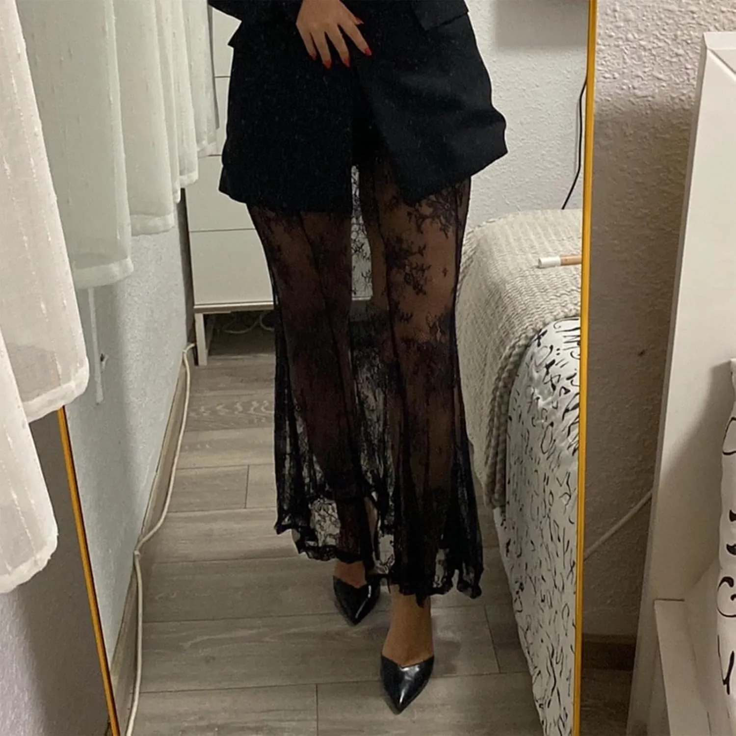 Womens Y2K Floral Lace Split Long Skirts Sexy Low Rise Ruffle Hem See Through Sheer Summer Beach Maxi Skirts