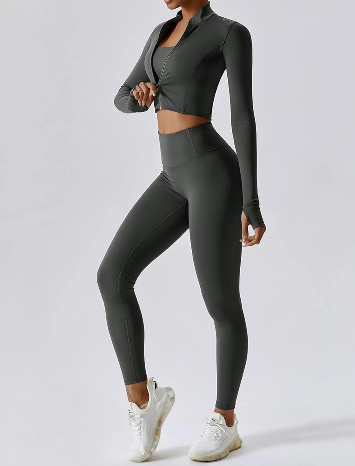 Workout Outfits for Women 3 Piece Long Sleeve Zip Up Cropped Jacket, Sports Bra and Tummy Control Leggings